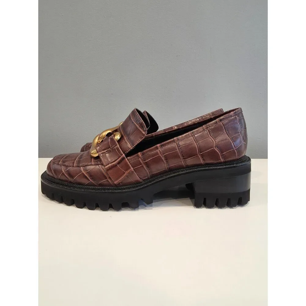 Aerosoles Lilia Brown Croc Embossed Leather Lug Sole Chain Loafers Womens 8
